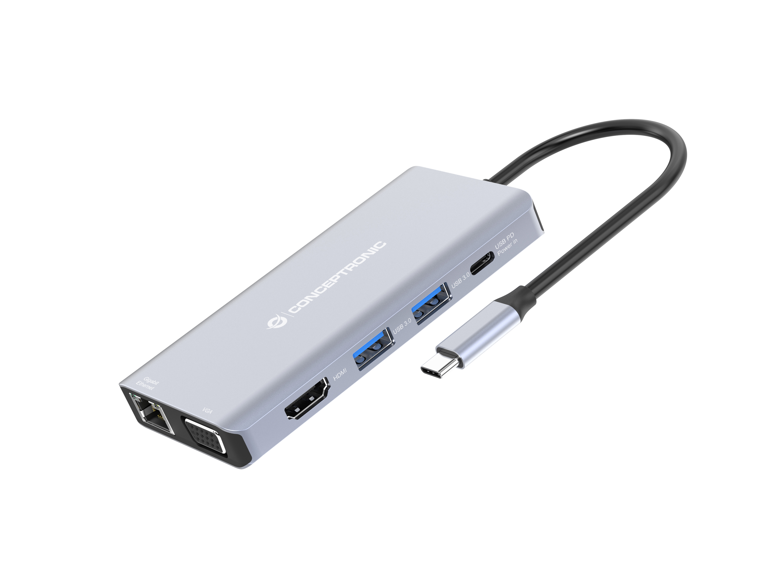 Conceptronic - HUB USB Conceptronic 10-in-1 USB-C 3.2 > 3x USB-A 3.0 + HDMI + VGA + Gigabit + USB-C (PD100W) + Lt.Tarjetas + Áudio