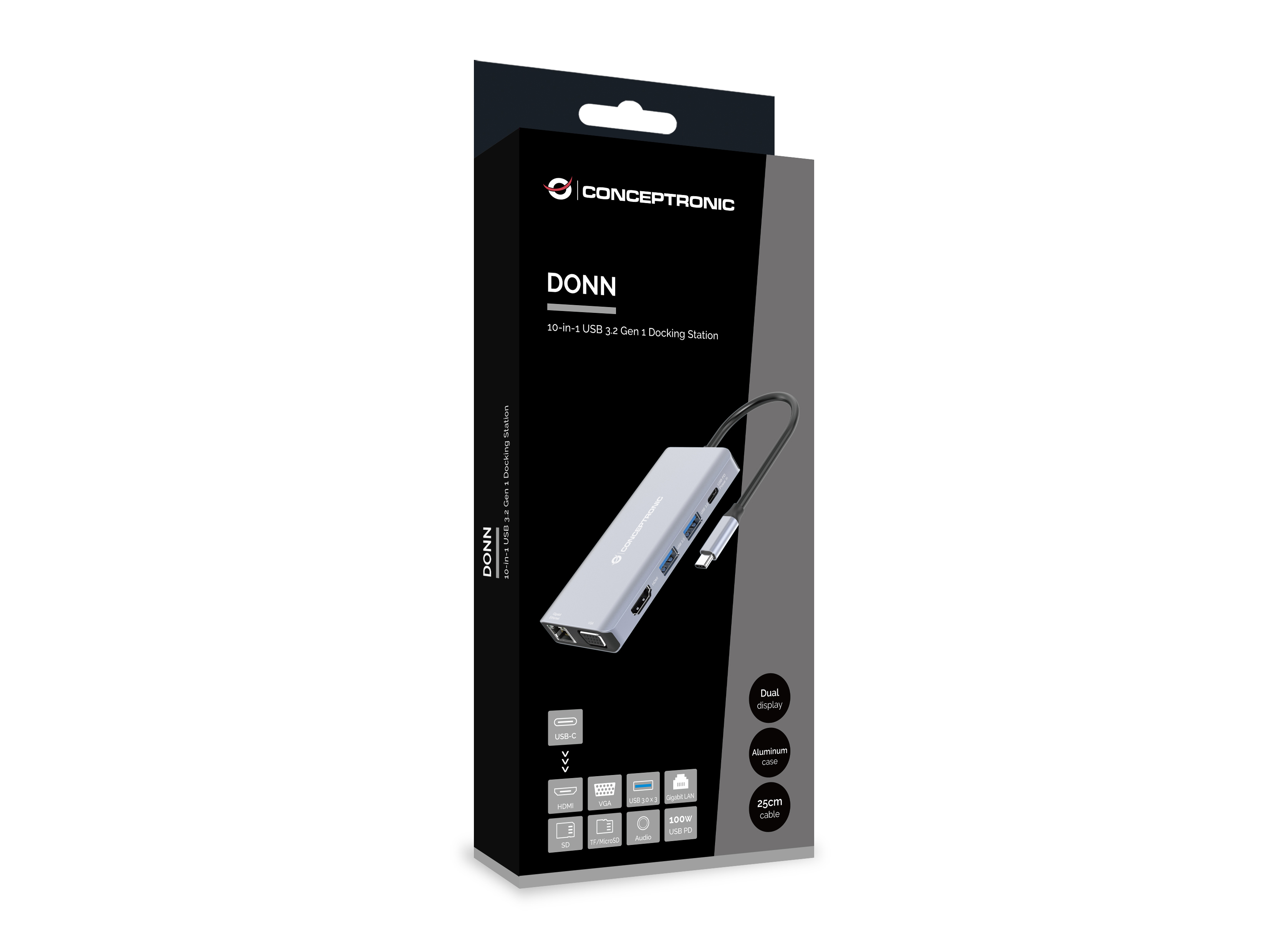 Conceptronic - HUB USB Conceptronic 10-in-1 USB-C 3.2 > 3x USB-A 3.0 + HDMI + VGA + Gigabit + USB-C (PD100W) + Lt.Tarjetas + Áudio