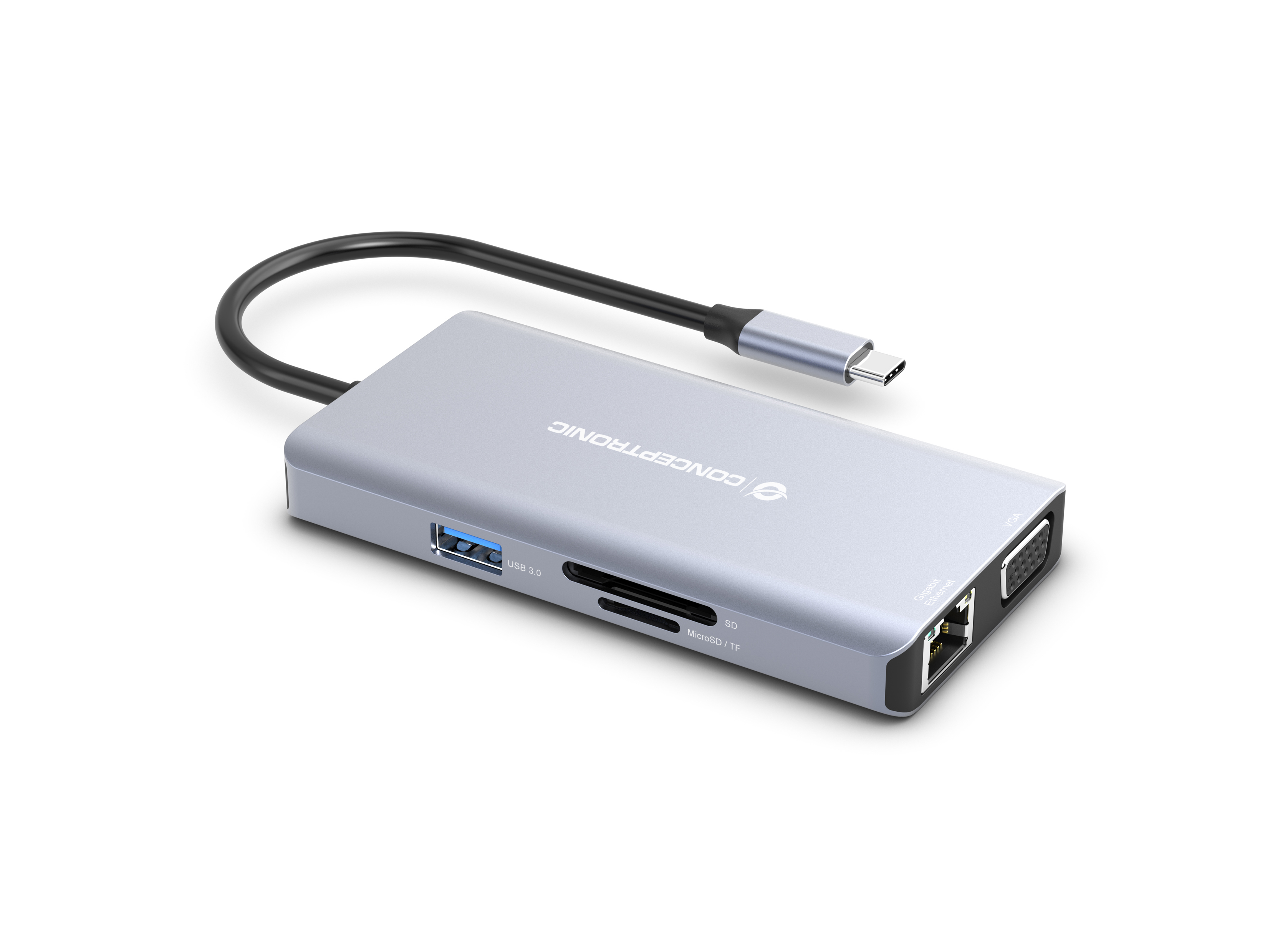 Conceptronic - HUB USB Conceptronic 10-in-1 USB-C 3.2 > 3x USB-A 3.0 + HDMI + VGA + Gigabit + USB-C (PD100W) + Lt.Tarjetas + Áudio