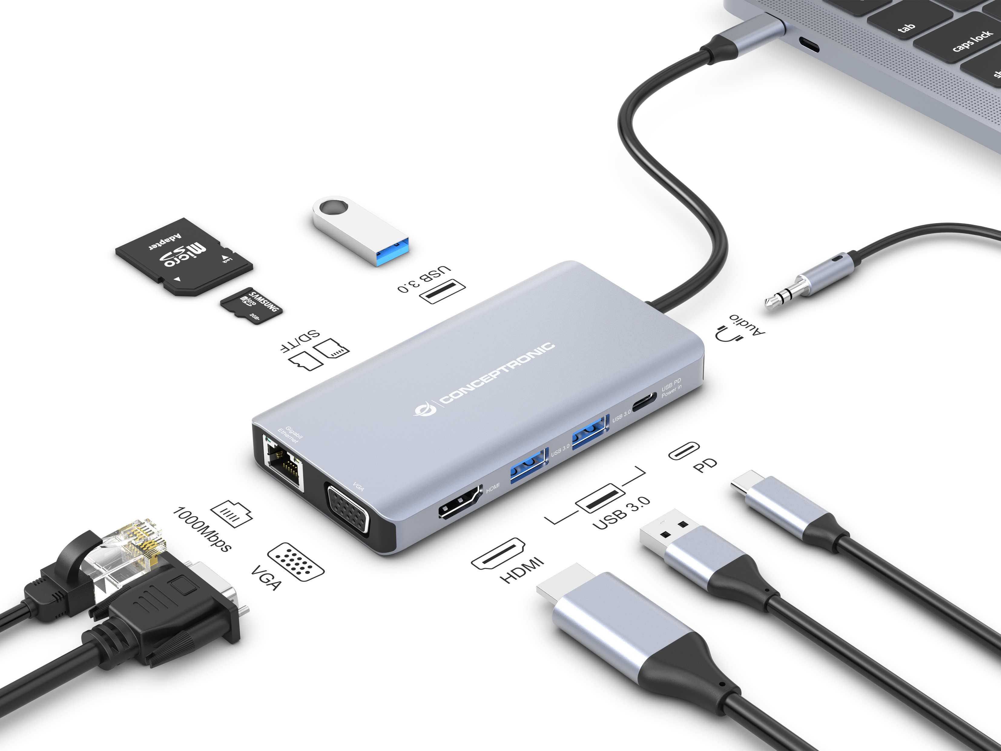 Conceptronic - HUB USB Conceptronic 10-in-1 USB-C 3.2 > 3x USB-A 3.0 + HDMI + VGA + Gigabit + USB-C (PD100W) + Lt.Tarjetas + Áudio