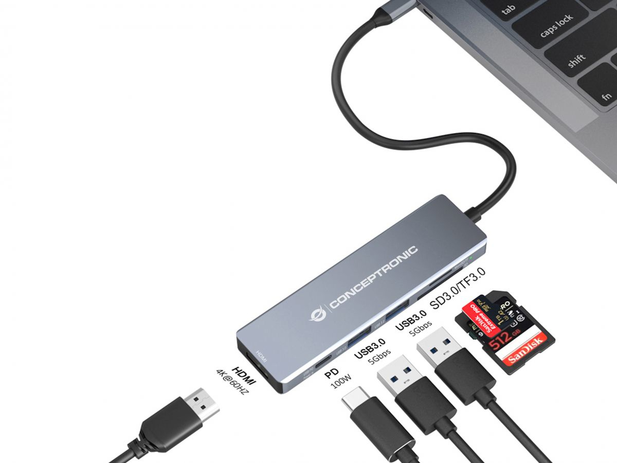 Conceptronic - HUB USB Conceptronic 6-in-1 USB-C 3.2 > 2x USB-A 3.0 + HDMI + USB-C (PD100W) + Lt.Tarjetas