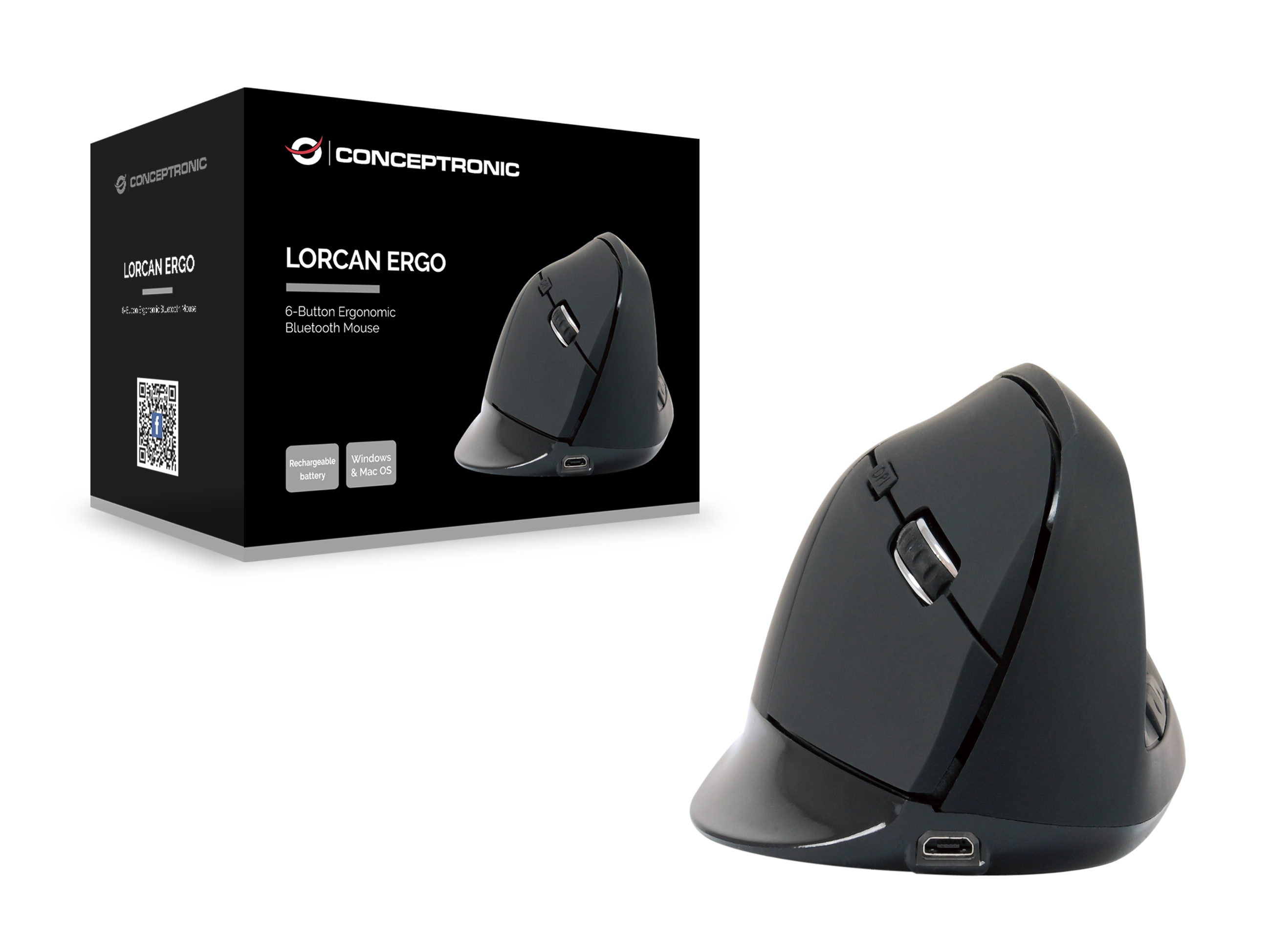 Conceptronic - Ratón Conceptronic LORCAN Ergonómico 6 Botones Bluetooth Recargable Negro