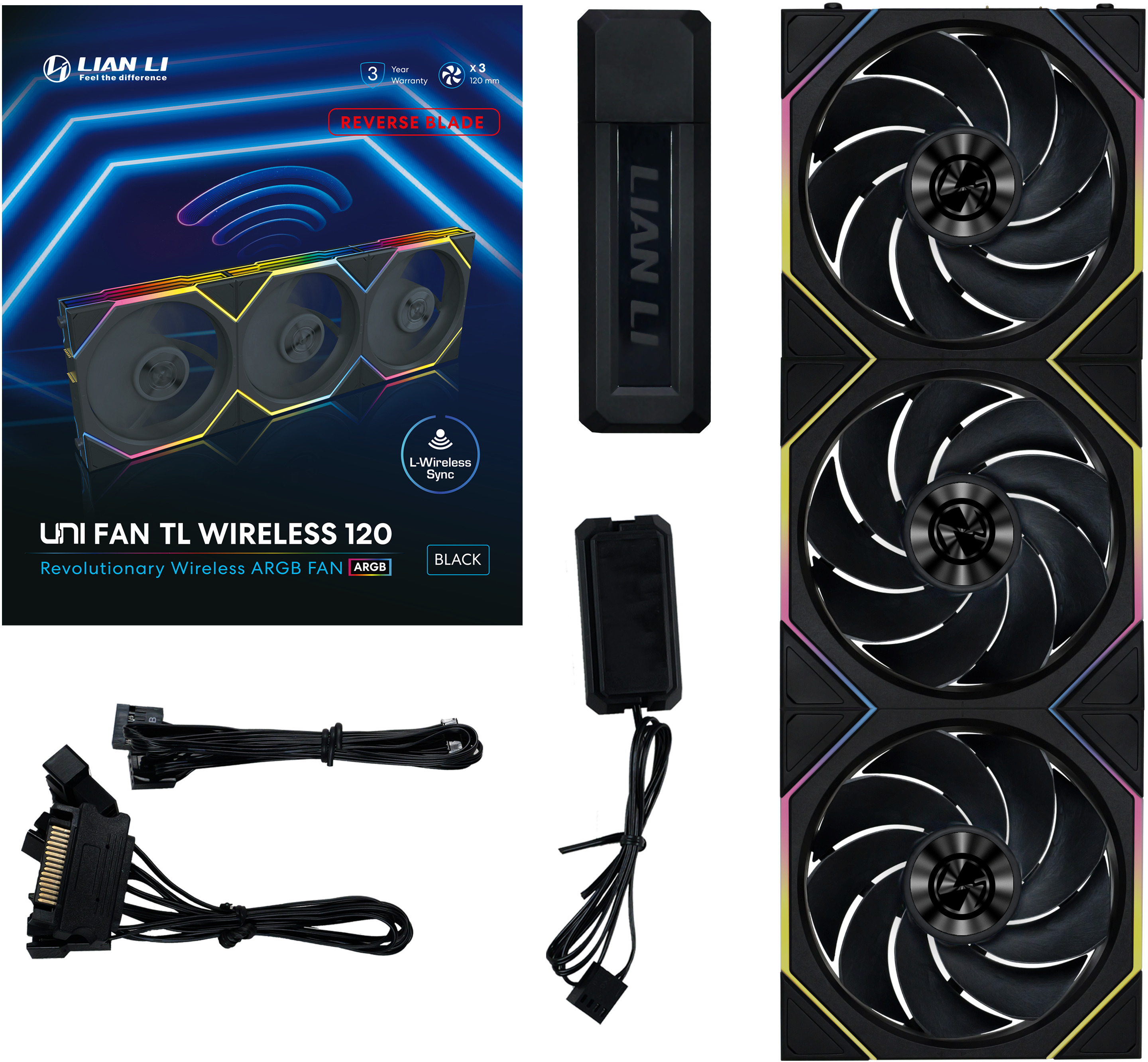 Lian Li - Ventilador Lian Li UNI FAN TL120 RGB Wireless Reverse PWM Negro 120mm (Pack 3)