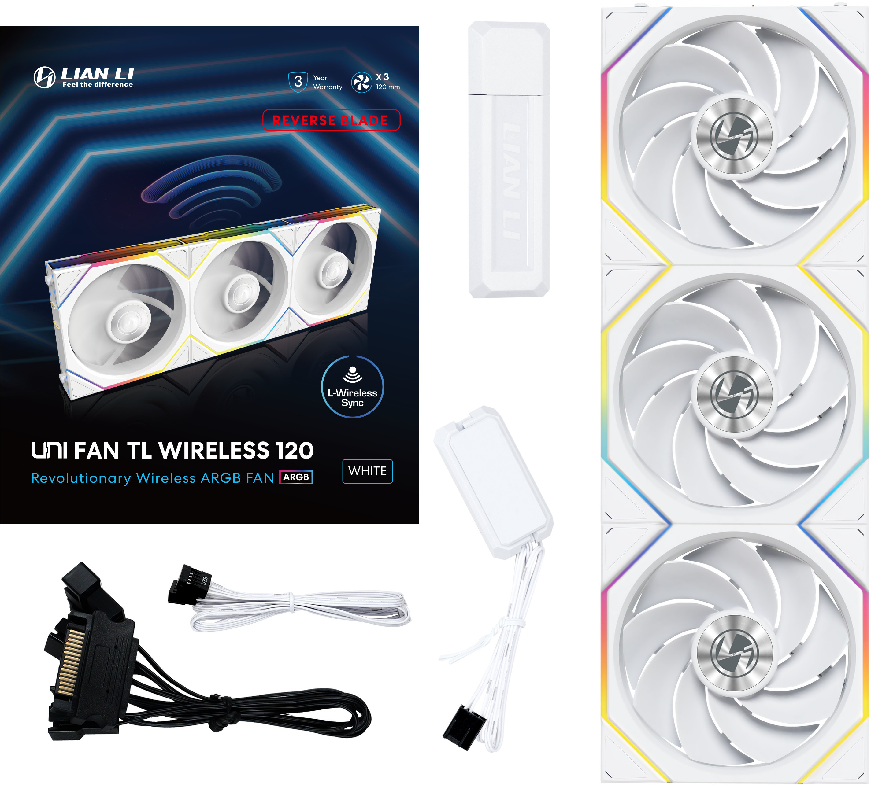 Lian Li - Ventilador Lian Li UNI FAN TL120 RGB Wireless Reverse PWM Blanco 120mm (Pack 3)