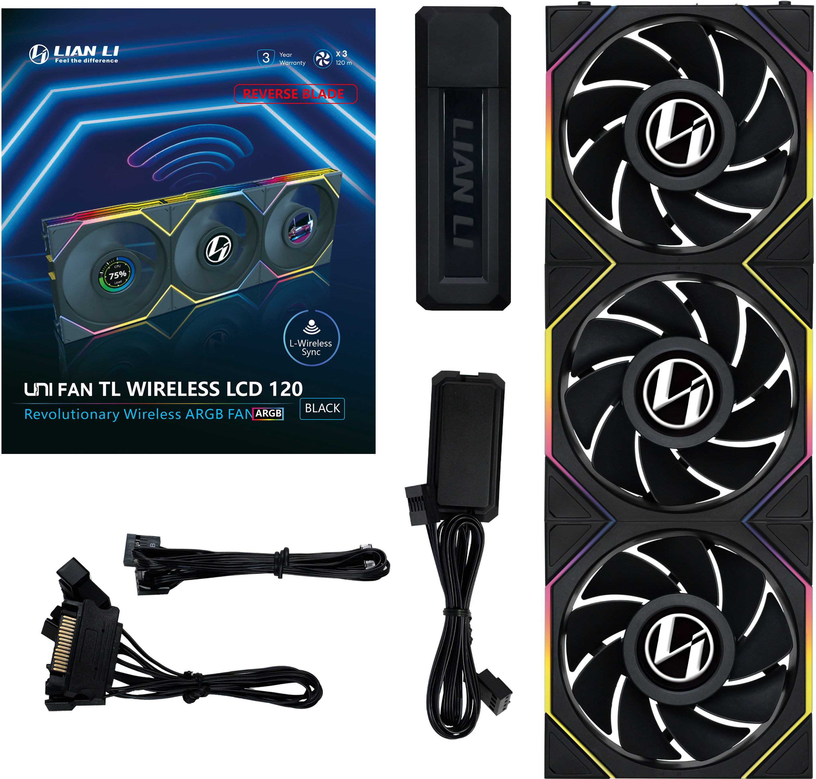 Lian Li - Ventilador Lian Li UNI FAN TL120 LCD Wireless RGB Reverse PWM Negro 120mm (Pack 3)