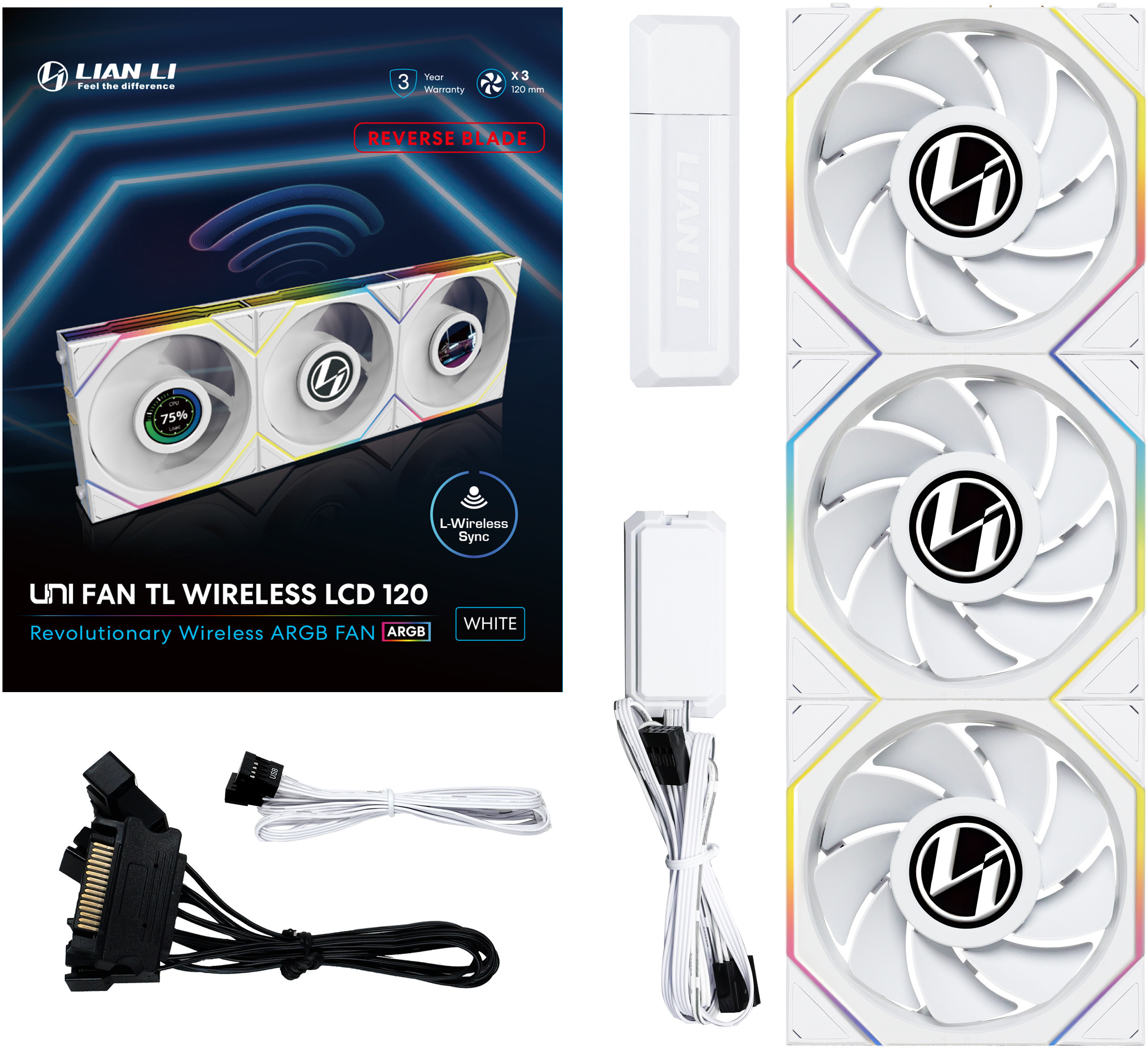 Lian Li - Ventilador Lian Li UNI FAN TL120 LCD Wireless RGB Reverse PWM Blanco 120mm (Pack 3)