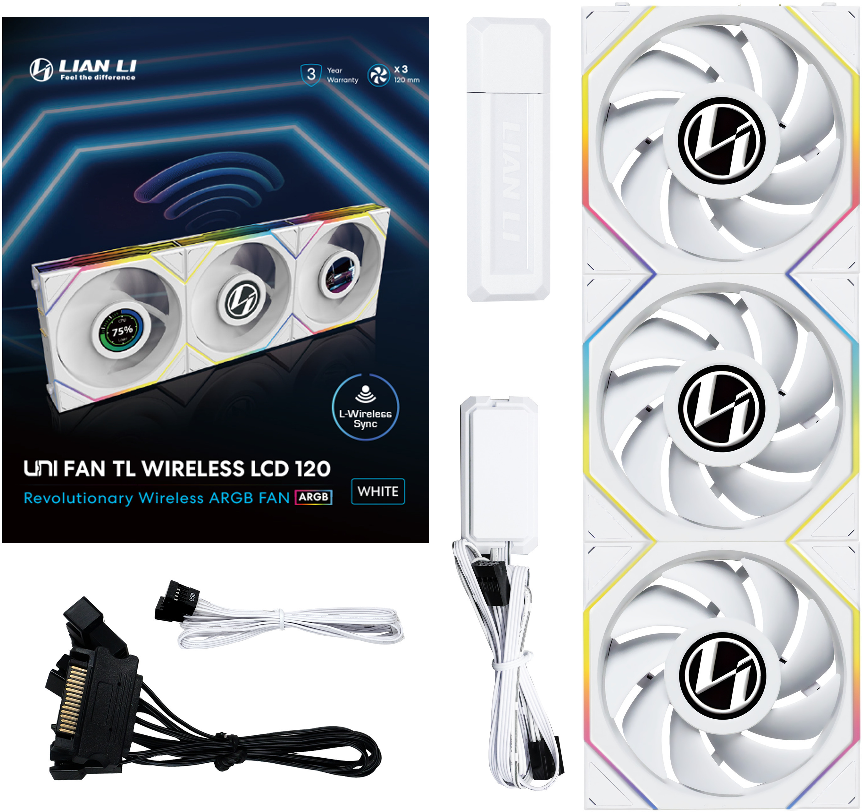 Lian Li - Ventilador Lian Li UNI FAN TL120 LCD Wireless RGB PWM Blanco 120mm (Pack 3)