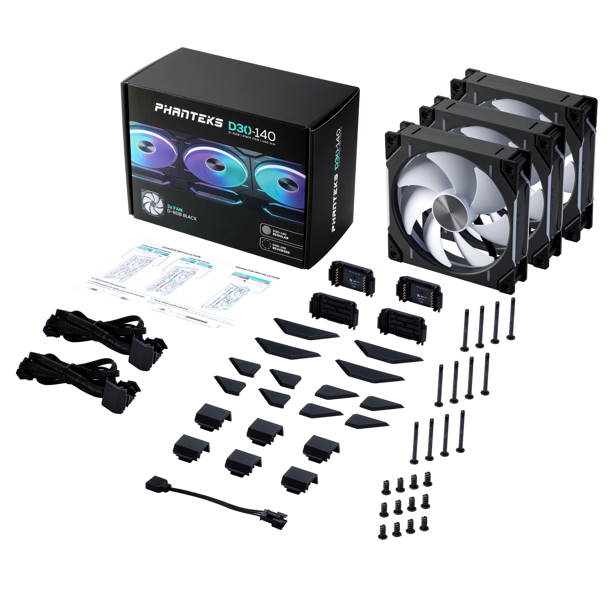 Phanteks - Ventilador Phanteks D30 PWM reverse Airflow D-RGB Negro Pack 3 - 140mm