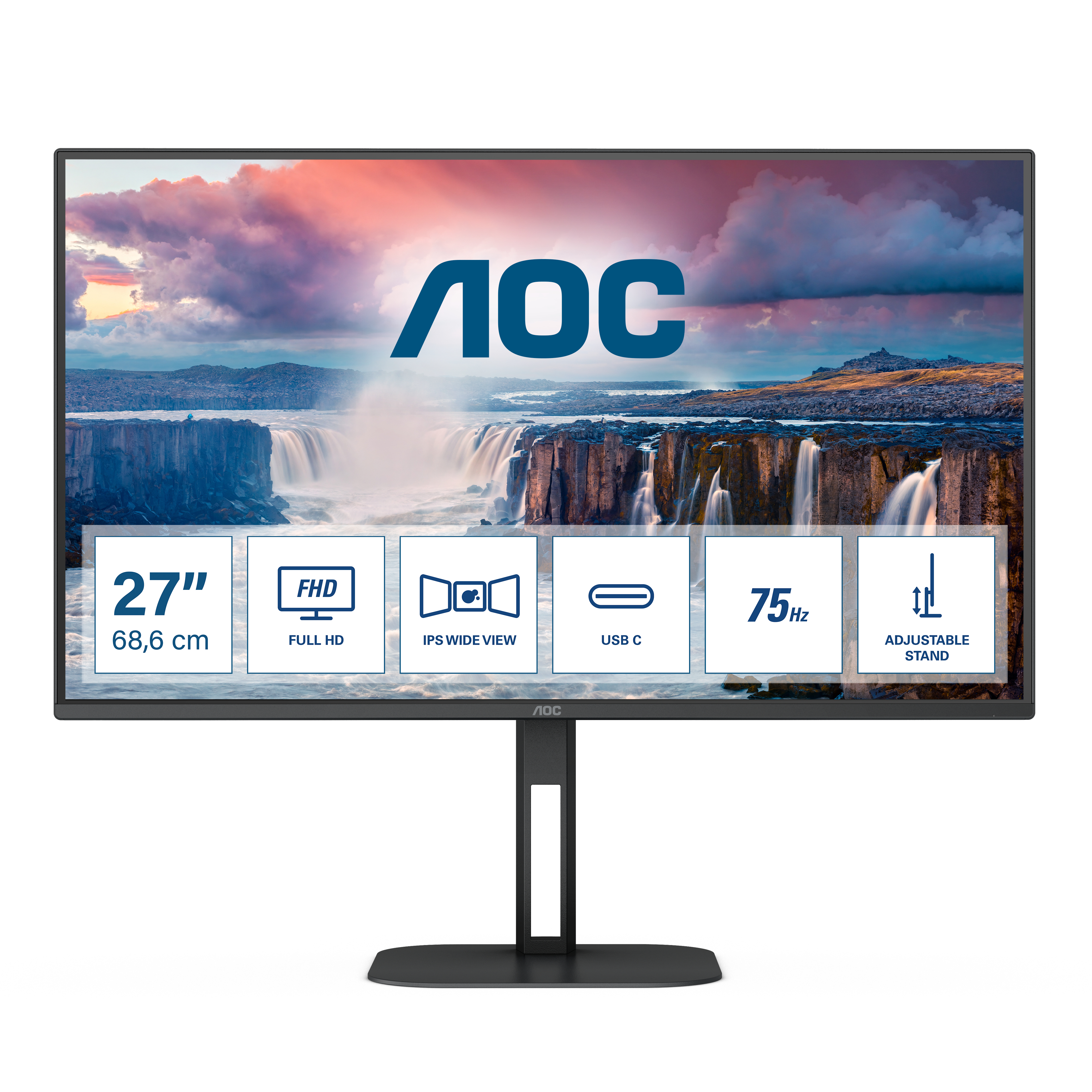 AOC - Monitor AOC 27" 27V5C/BK IPS FHD 75Hz 1ms USB-C 3.2 ( DP alt + PD65W) Low Blue Light