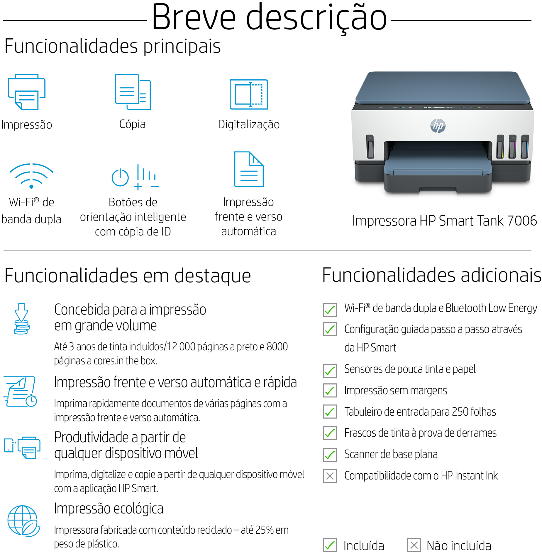  - Impresora Multifunción de Inyección de Tinta HP Smart Tank 7006 Todo-en-Uno WiFi