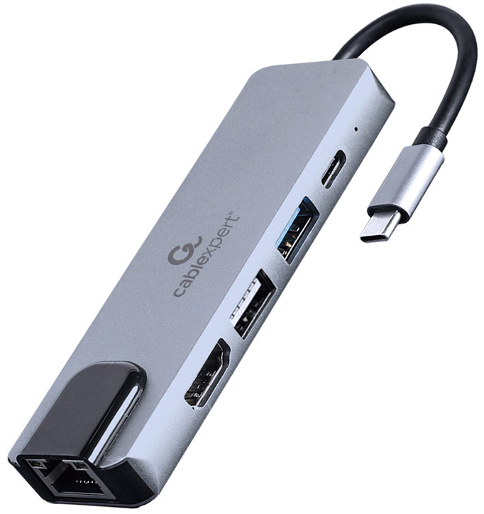 Gembird - HUB USB Gembird USB-C 5-in-1 > 2x USB 3.1 (Gen 1) + 1x USB 2.0 + 1x USB-C (PD 87W) + 1x LAN (10/100 mbps)