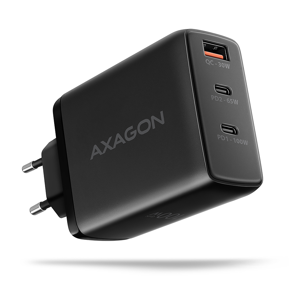 AXAGON - Cargador de pared AXAGON ACU-DPQ100, 3 portas (USB + USB-C duplo), PD3.0/QC4+/PPS/Apple, 100 W, Negro