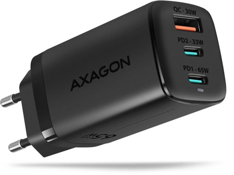 AXAGON ACU-DPQ65 Cargador de Pared, 3 Puertos (USB + Dual USB-C), PD3.0/QC4+/PPS/Apple, 65 W, Negro
