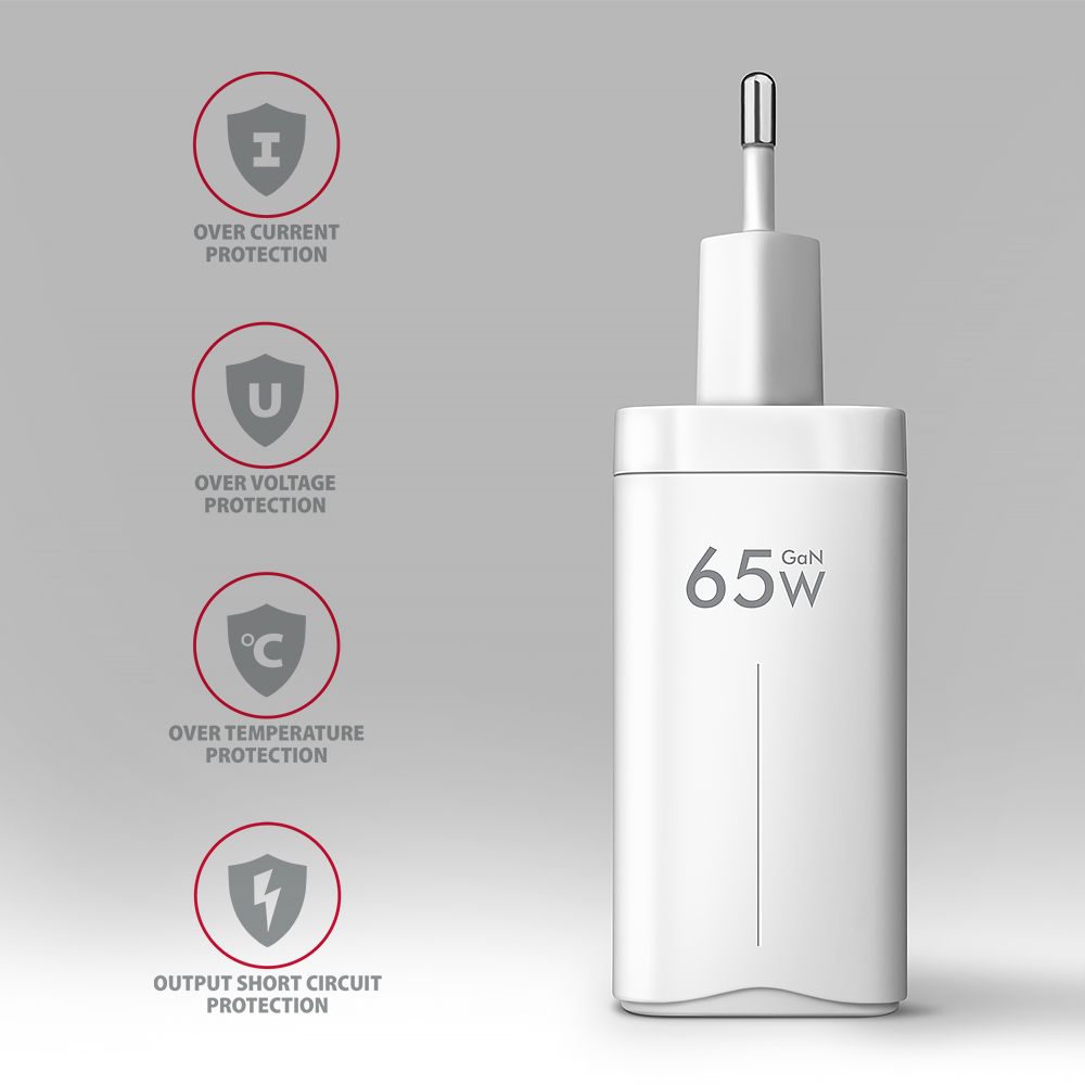 AXAGON - Cargador de pared AXAGON ACU-DPQ65, 3 portas (USB + USB-C duplo), PD3.0/QC4+/PPS/Apple, 65 W, Blanco