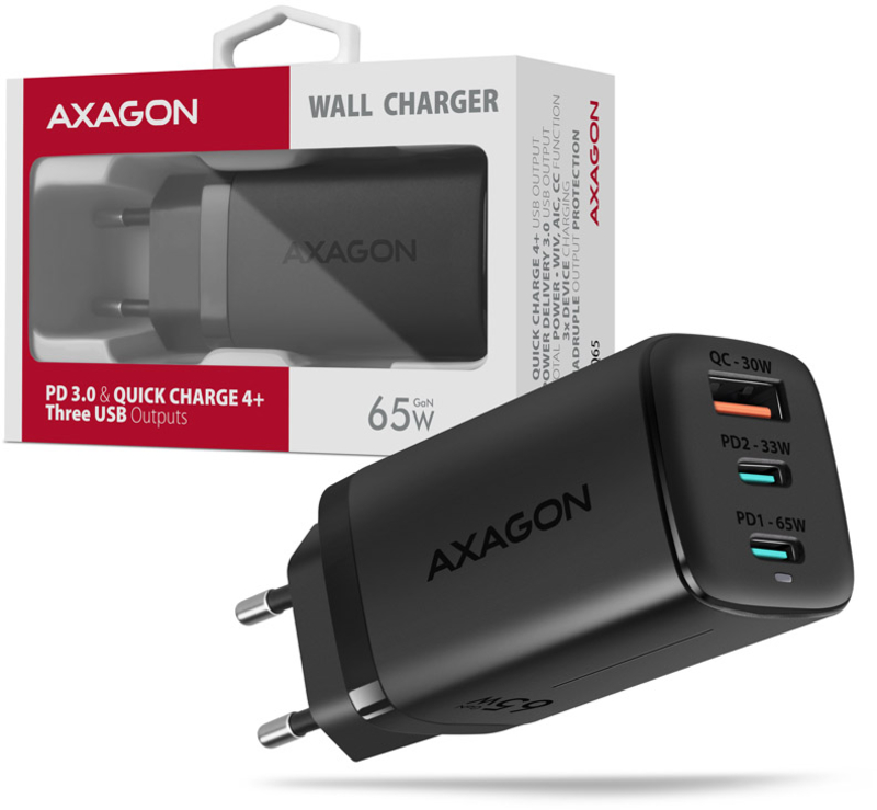 AXAGON - AXAGON ACU-DPQ65 Cargador de Pared, 3 Puertos (USB + Dual USB-C), PD3.0/QC4+/PPS/Apple, 65 W, Negro