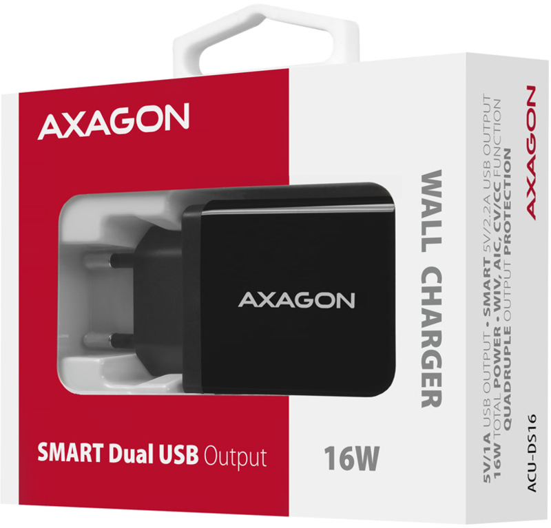 AXAGON - Cargador de pared AXAGON ACU-DS16  2x 5V-2.2A + 1A 16W, Negro