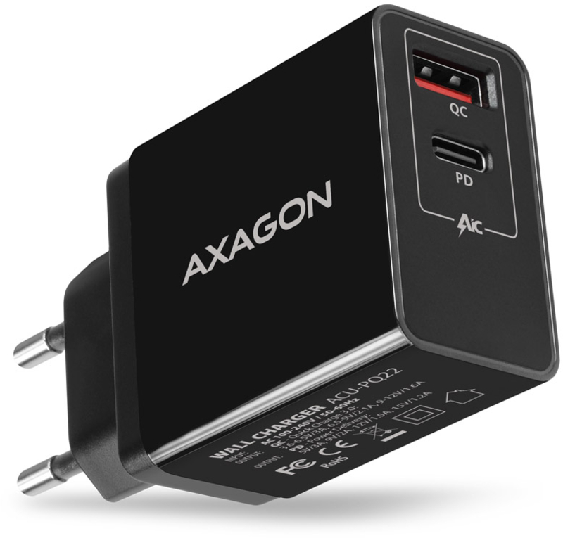 Cargador AXAGON ACU-PQ22, 1x USB-C, 1x USB-A, QC3.0/AFC/FCP/PD, 22W