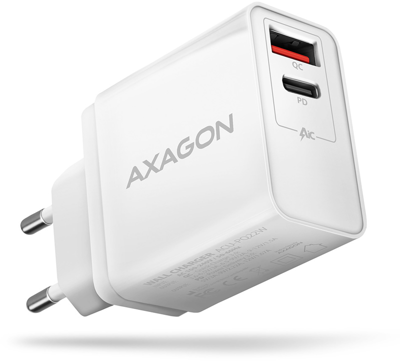 Cargador AXAGON ACU-PQ22, 1x USB-C, 1xUSB-A QC3.0/Smart 22W, Blanco