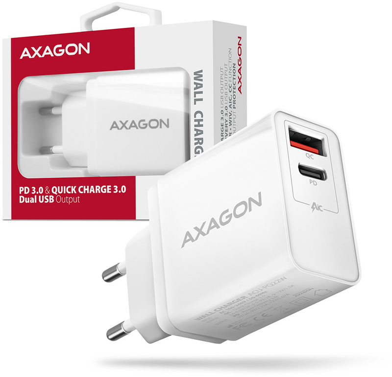 AXAGON - Cargador AXAGON ACU-PQ22, 1x USB-C, 1xUSB-A QC3.0/Smart 22W, Blanco