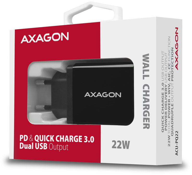 AXAGON - Cargador AXAGON ACU-PQ22, 1x USB-C, 1x USB-A, QC3.0/AFC/FCP/PD, 22W