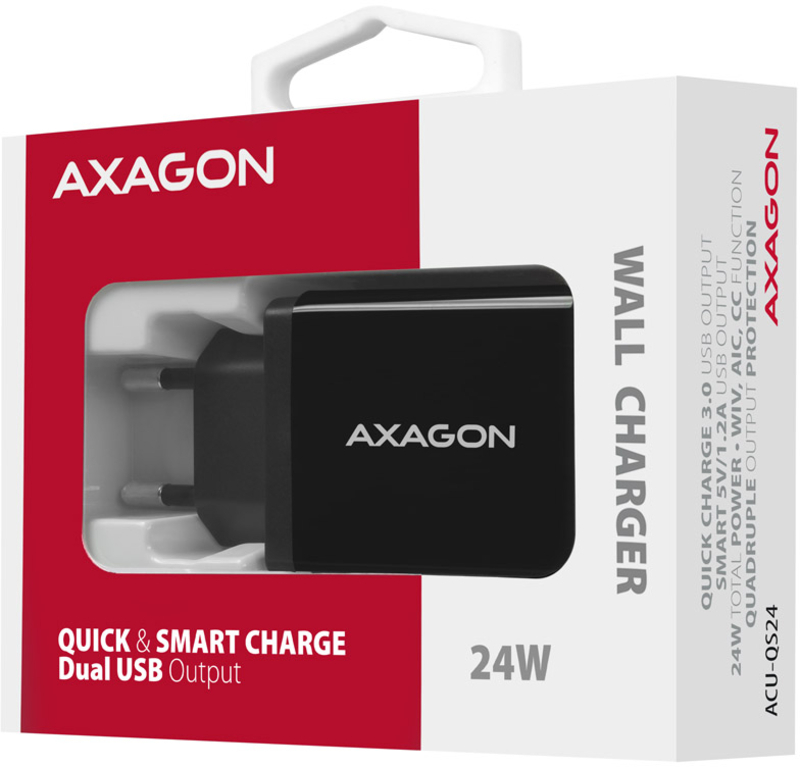 AXAGON - Cargador de pared AXAGON ACU-QS24 5V 1,2A + 1x QC3.0 24W Negro