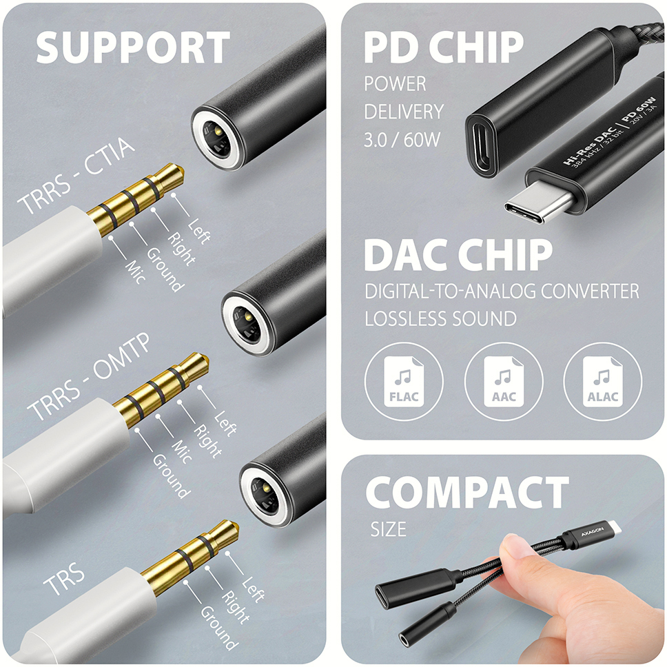 AXAGON - Adaptador Áudio AXAGON ADA-HCPD USB-C - 3.5mm (F) conector Hi-Res DAC 32bit 384kHz  PD 60W 3A