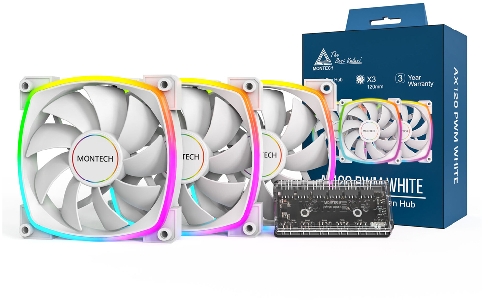 Ventilador Montech AX120 PWM ARGB PWM 120mm Blanco (Pack 3)