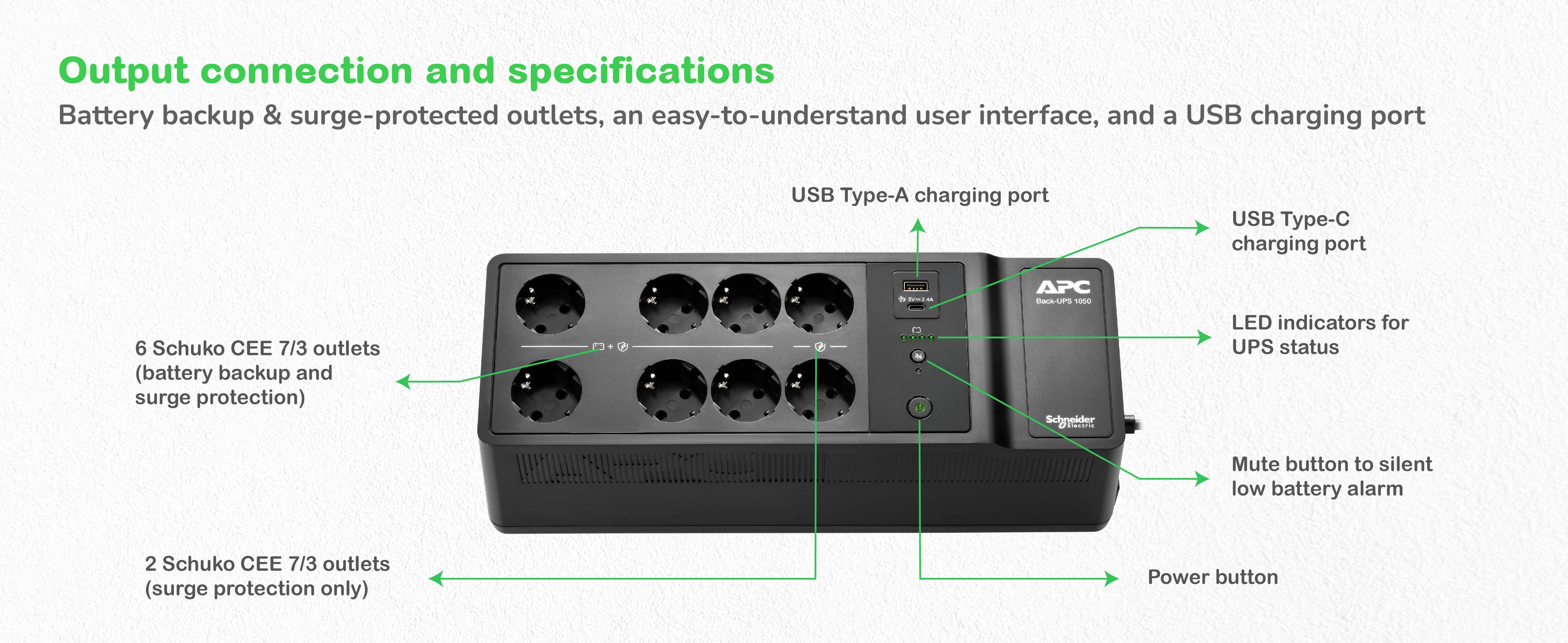 APC - UPS APC Off-line Back-UPS 1050VA/600W USB-C/A Schuko