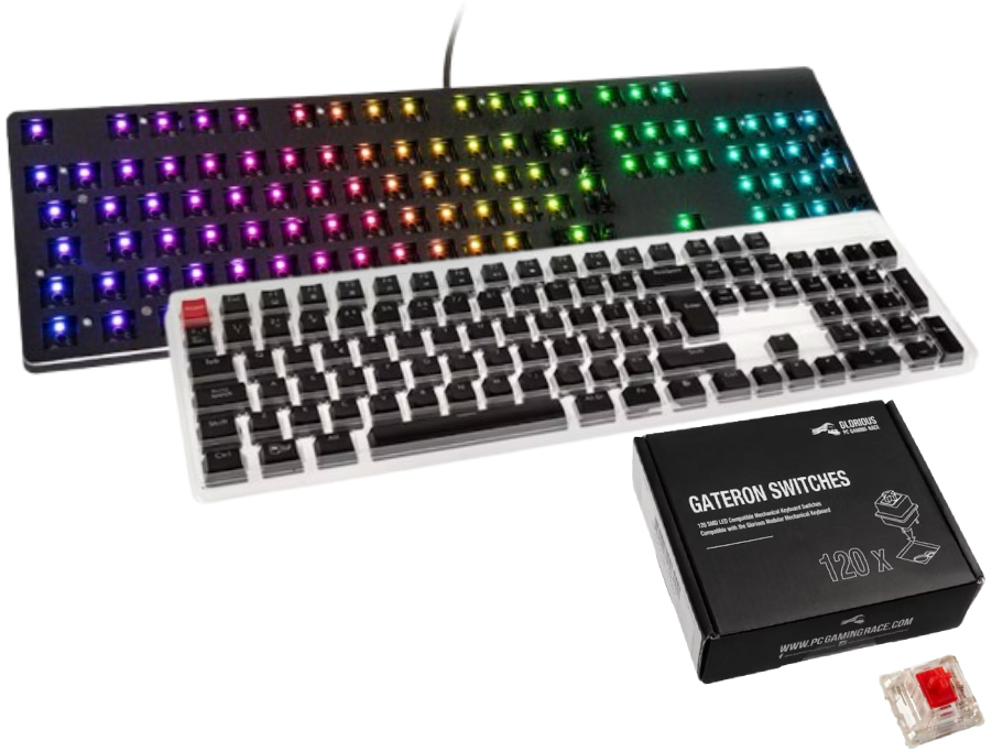 - Barebone Glorious GMMK 100% RGB + Set de 105 Teclas Glorious ABS Negro (PT) + Pack de 120 Switches Gateron MX Rojo para Glorious GMMK Picture of - Barebone Glorious GMMK 100% RGB + Set de 105 Teclas Glorious ABS Negro (PT) + Pack de 120 Switches Gateron MX Rojo para Glorious GMMK