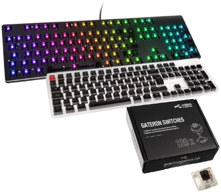  - Barebone Glorious GMMK 100% RGB + Set de 105 Teclas Glorious ABS Negro (PT) + Pack de 120 Switches Gateron MX Negro para Glorious GMMK