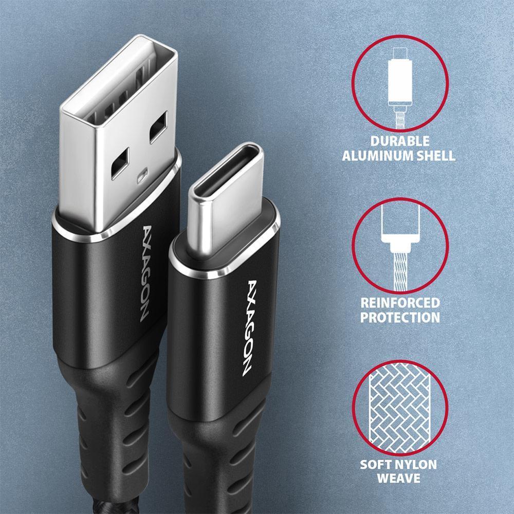 AXAGON - Cable de cargamento AXAGON BUCM-AM10AB USB-C  <-> USB-A, 1m, USB 2.0, 3A, ALU, braid, Negro