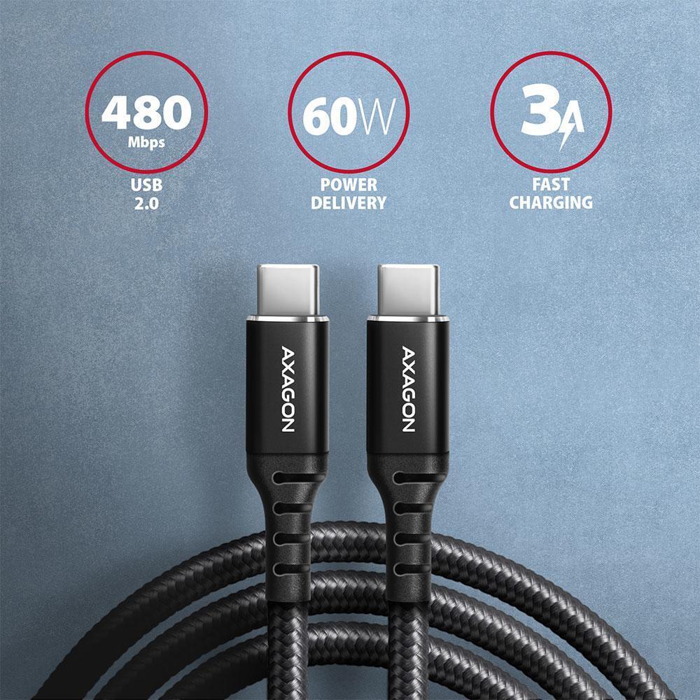 AXAGON - Cable de cargamento AXAGON BUCM-CM10AB USB-C  <-> USB-C 2.0, 1m, PD 60W, 3A, ALU, braid, Negro