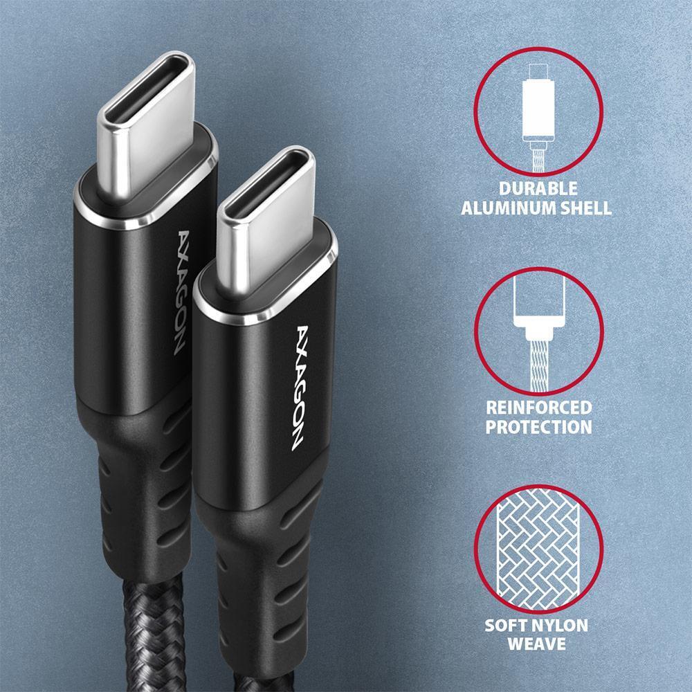 AXAGON - Cable de cargamento AXAGON BUCM-CM10AB USB-C  <-> USB-C 2.0, 1m, PD 60W, 3A, ALU, braid, Negro