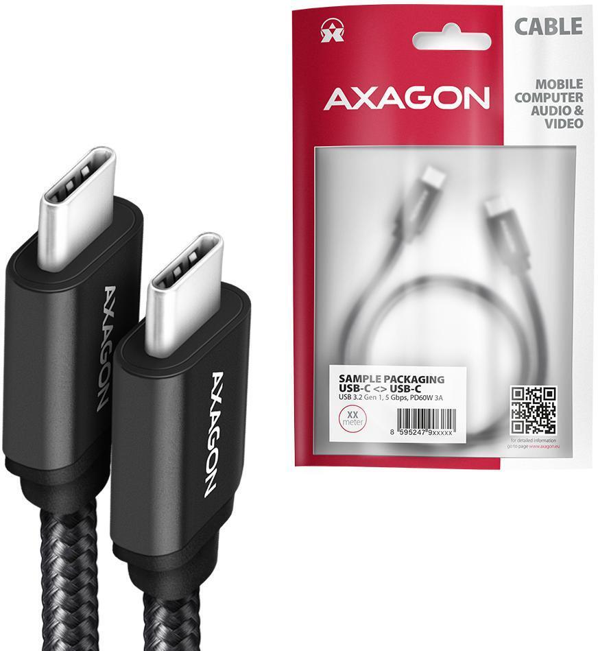 AXAGON - Cable de cargamento AXAGON BUCM-CM10AB USB-C  <-> USB-C 2.0, 1m, PD 60W, 3A, ALU, braid, Negro