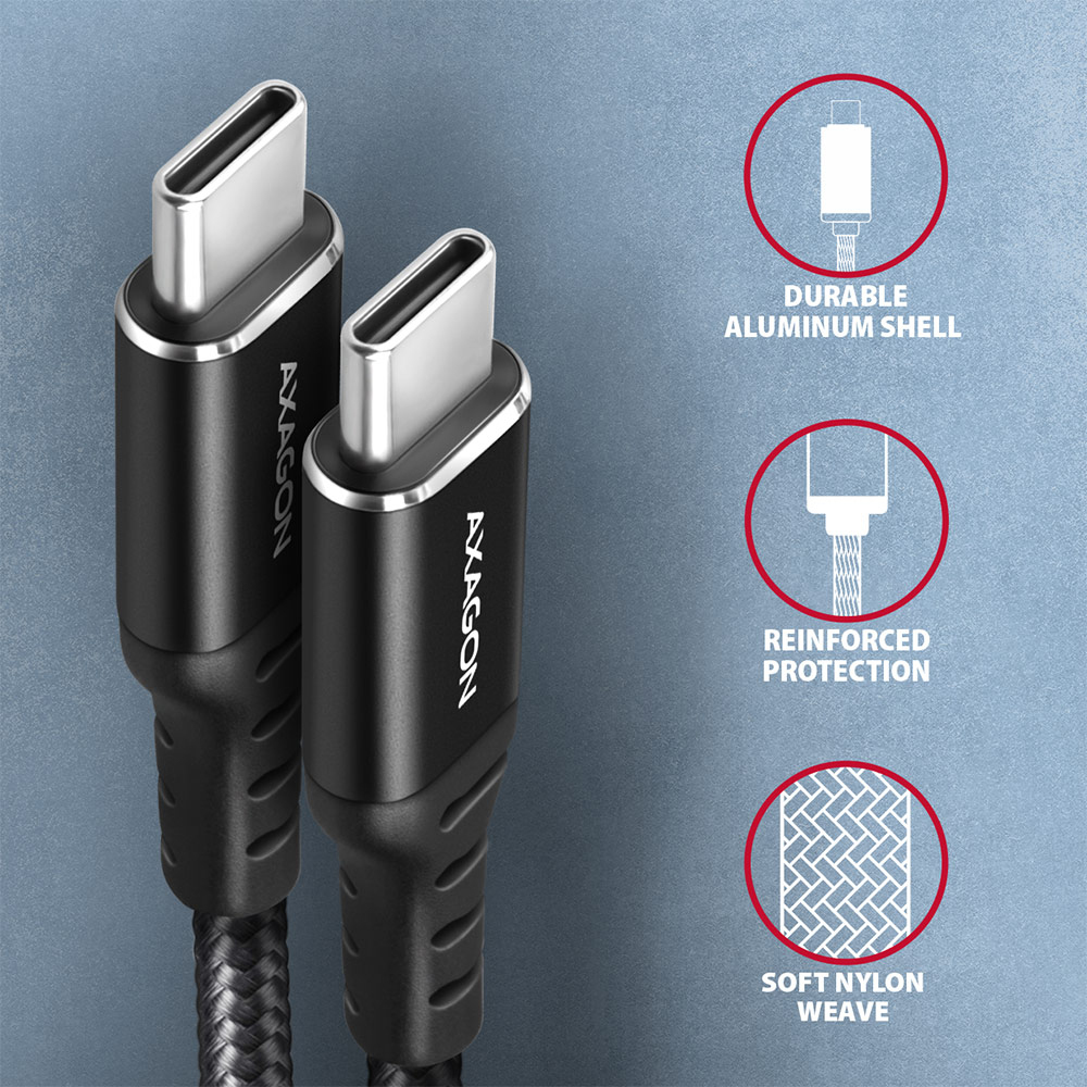 AXAGON - Cable AXAGON BUCM-CM15AB USB-C  <-> USB-C 2.0, 1.5m, PD 60W, 3A, ALU, braid