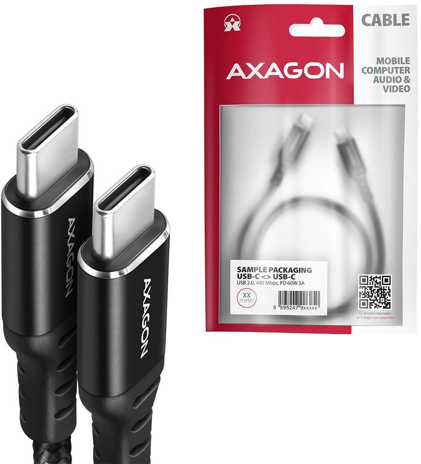 AXAGON - Cable de cargamento AXAGON BUCM-CM20AB cable USB-C  <-> USB-C 2.0, 2m, PD 60W, 3A, ALU, braid, Negro