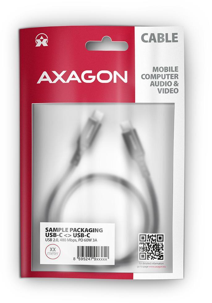 AXAGON - Cable de cargamento AXAGON BUCM-CM20AB cable USB-C  <-> USB-C 2.0, 2m, PD 60W, 3A, ALU, braid, Negro