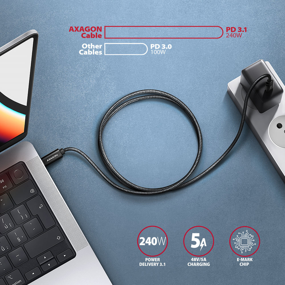 AXAGON - Cable de Carga AXAGON BUCM2-CM10AB USB-C <-> USB-C 2.0, 1m, PD 240W 5A, ALU, braid