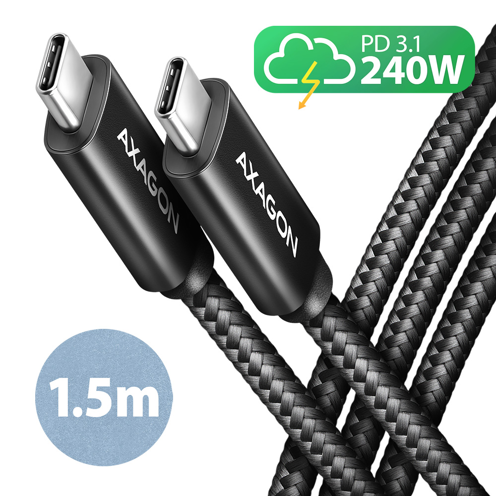 Cable de Carga AXAGON BUCM2-CM15AB USB-C <-> USB-C 2.0, 1.5m, PD 240W 5A, ALU, braid