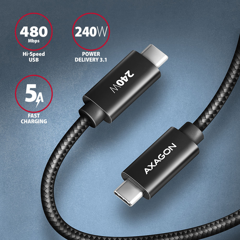 AXAGON - Cable de Carga AXAGON BUCM2-CM15AB USB-C <-> USB-C 2.0, 1.5m, PD 240W 5A, ALU, braid