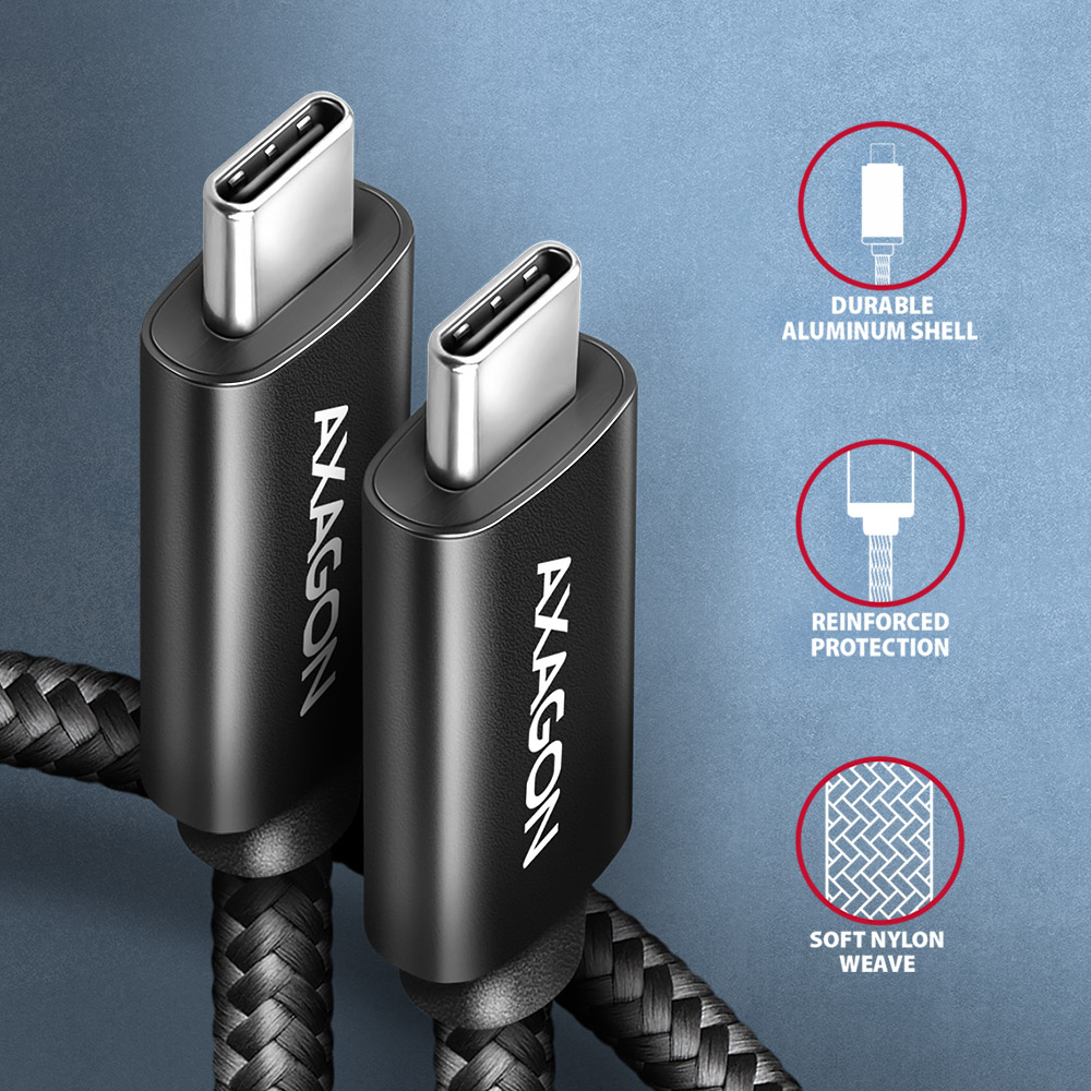 AXAGON - Cable de Carga AXAGON BUCM2-CM20AB USB-C <-> USB-C 2.0, 2m, PD 240W 5A, ALU, braid