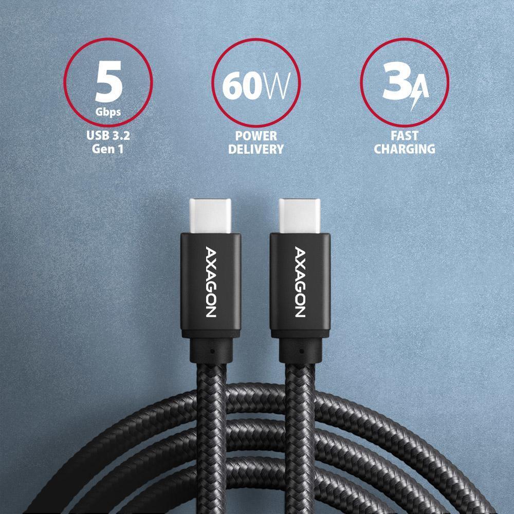 AXAGON - Cable de cargamento AXAGON BUCM3-CM30AB cable USB-C  <-> USB-C 3.2 Gen 1, 3m, PD 60W, 3A, ALU, braid, Negro