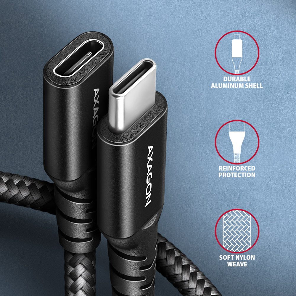 AXAGON - Extensión AXAGON BUCM32-CF10AB USB-C <-> USB-C 3.2 Gen 2, 1m, 20 Gbps, ALU, braid