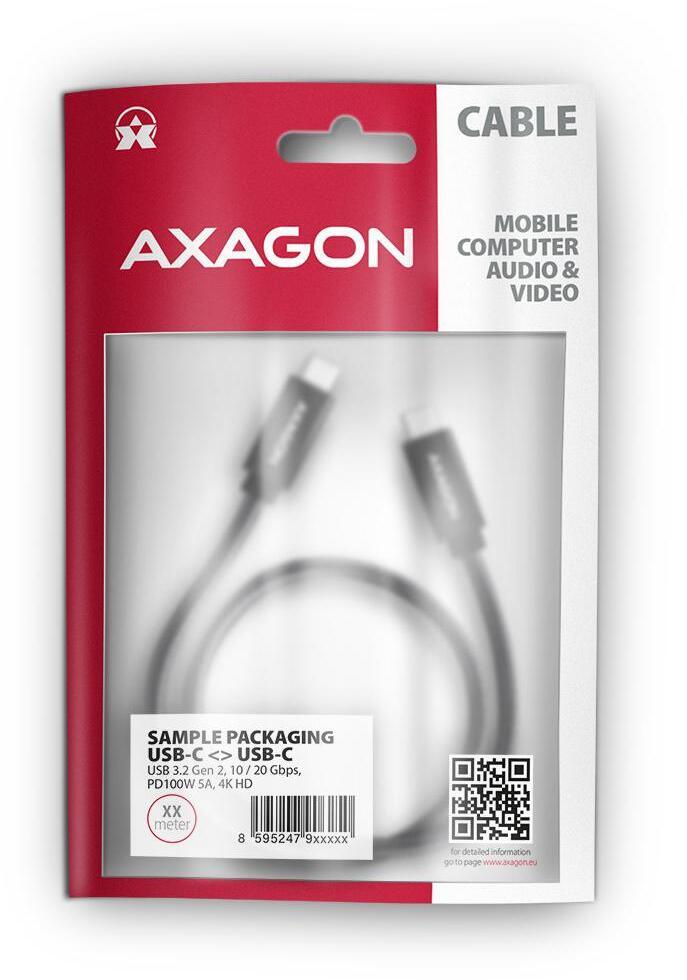 AXAGON - Cable de cargamento AXAGON BUCM32-CM05AB USB-C  <-> USB-C 3.2 Gen 2, 1m, PD 100W, 5A, 4K HD, ALU, braid, Negro