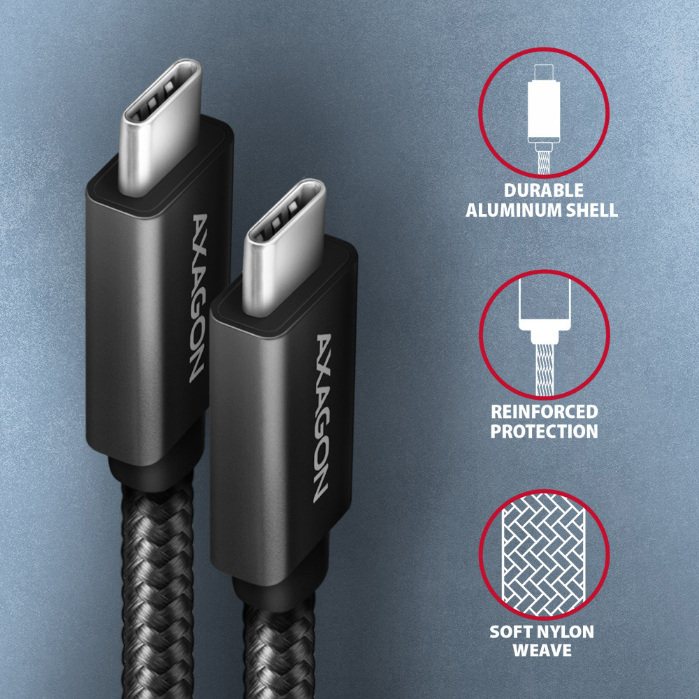 AXAGON - Cable de cargamento AXAGON BUCM32-CM15AB USB-C  <-> USB-C 3.2 Gen 2, 1.5m, PD 100W, 5A, 4K HD, ALU, braid, Negro