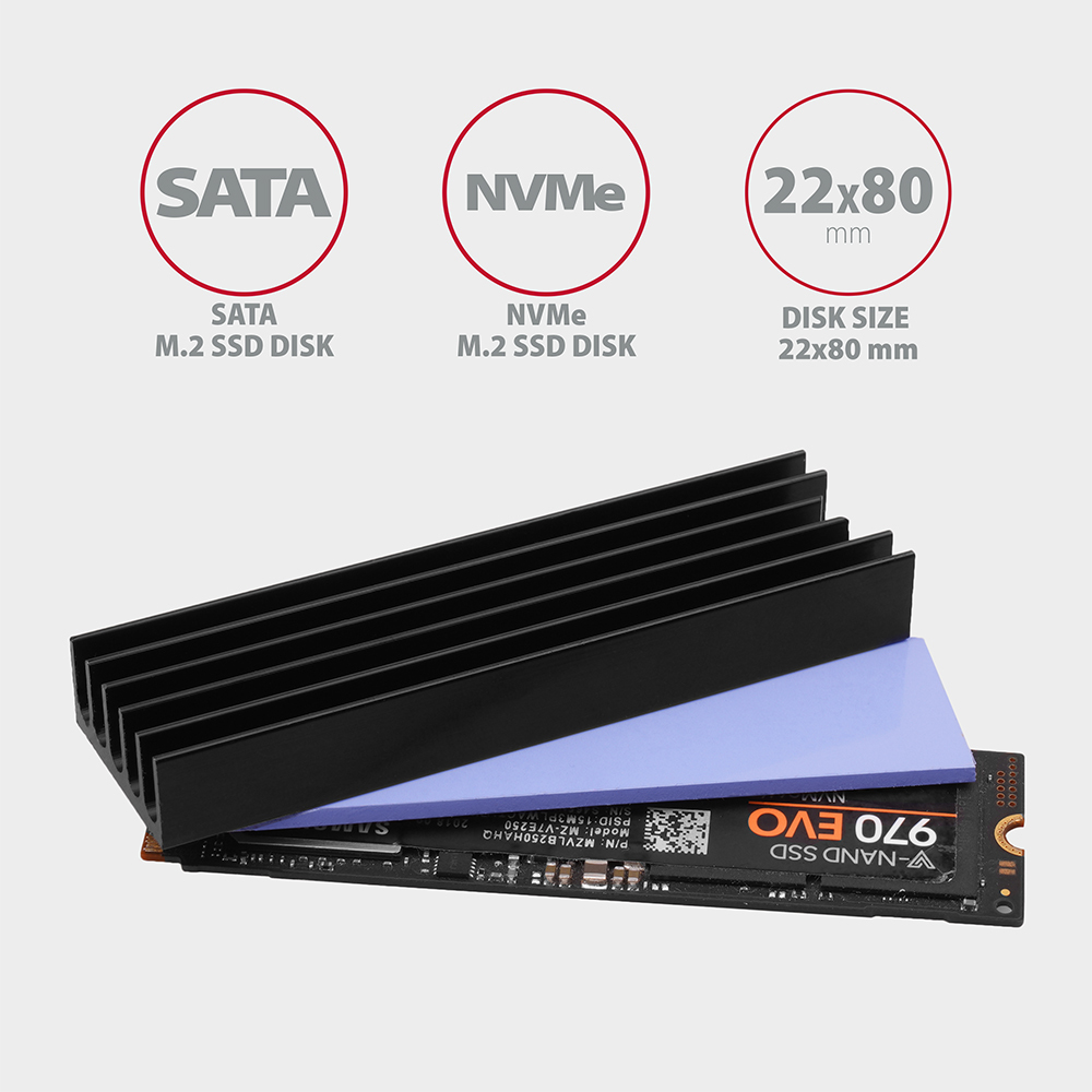 AXAGON - Dissipador Pasivo AXAGON CLR-M2L10 - M.2 SSD, 80mm SSD, ALU, silicone thermal pads, height 10mm