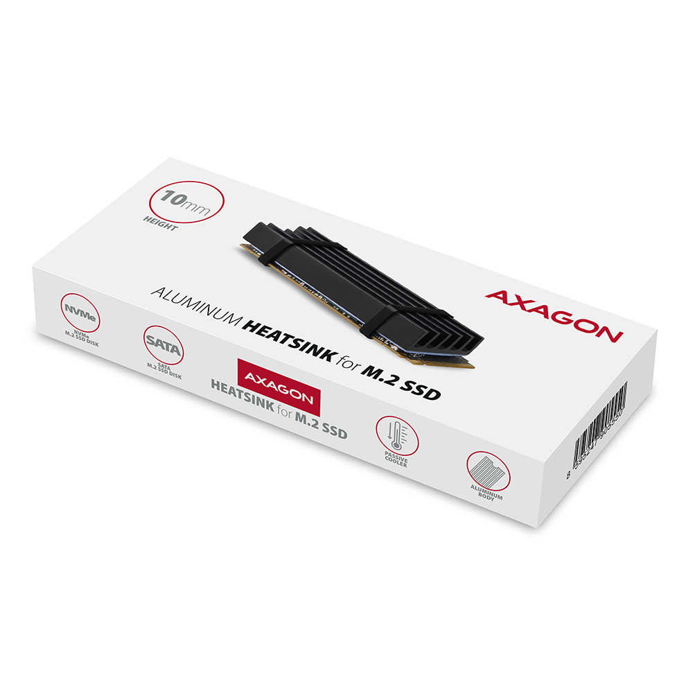 AXAGON - Dissipador Pasivo AXAGON CLR-M2L10 - M.2 SSD, 80mm SSD, ALU, silicone thermal pads, height 10mm