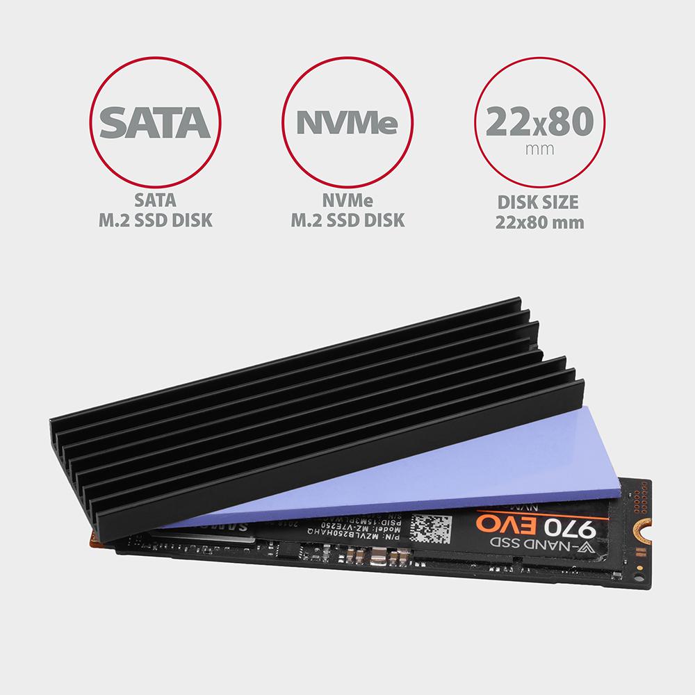 AXAGON - Dissipador Pasivo AXAGON CLR-M2L6 - M.2 SSD, 80mm SSD, ALU, silicone thermal pads, height 6mm