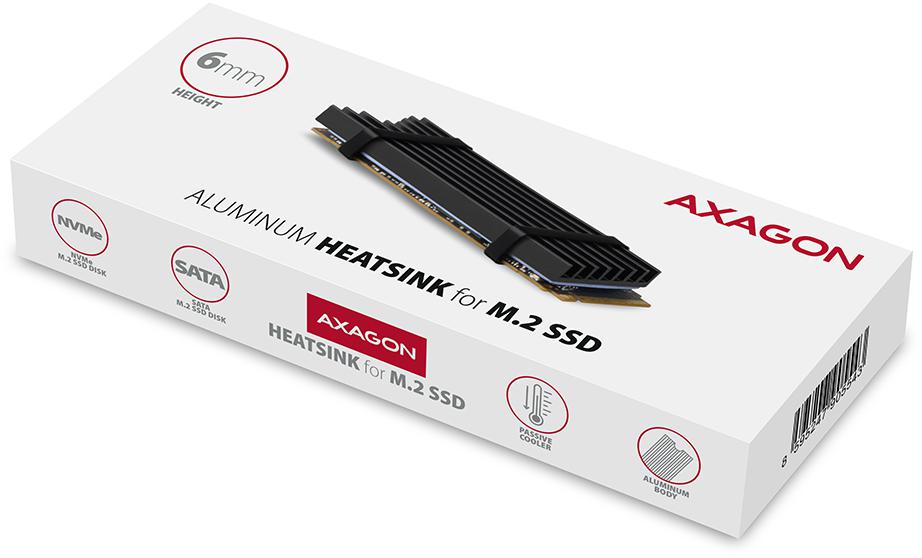 AXAGON - Dissipador Pasivo AXAGON CLR-M2L6 - M.2 SSD, 80mm SSD, ALU, silicone thermal pads, height 6mm