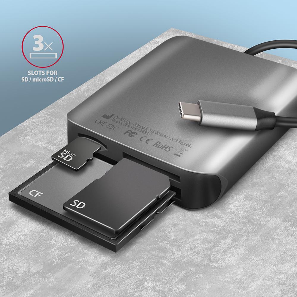 AXAGON - Lector de tarjetas AXAGON CRE-S3C External card reader USB-C 3.2 Gen 1, 3-slot & lun SD/microSD/CF, UHS-II